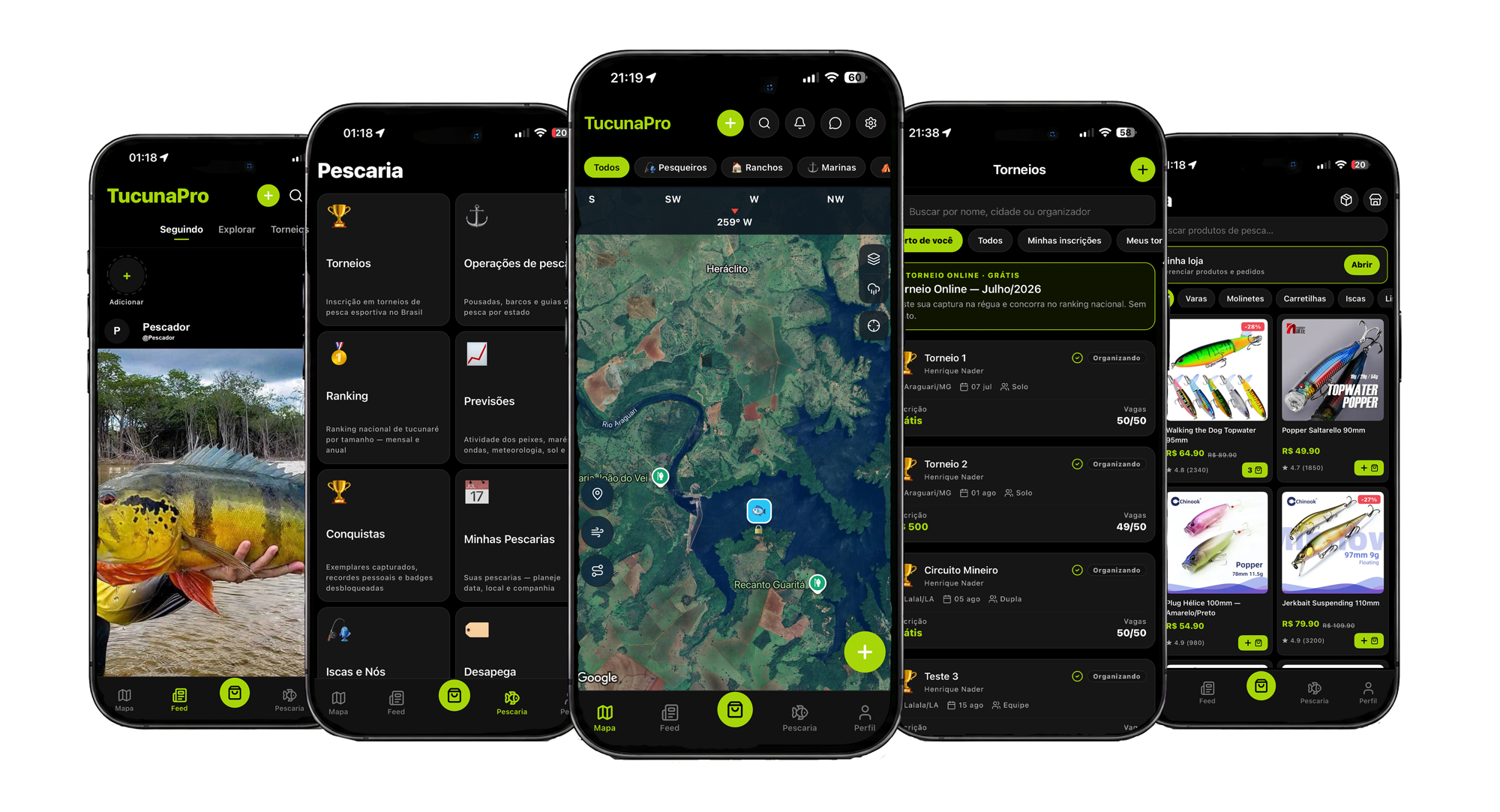 Telas do app SuaPesca: mapa, feed, pescaria, torneios e marketplace